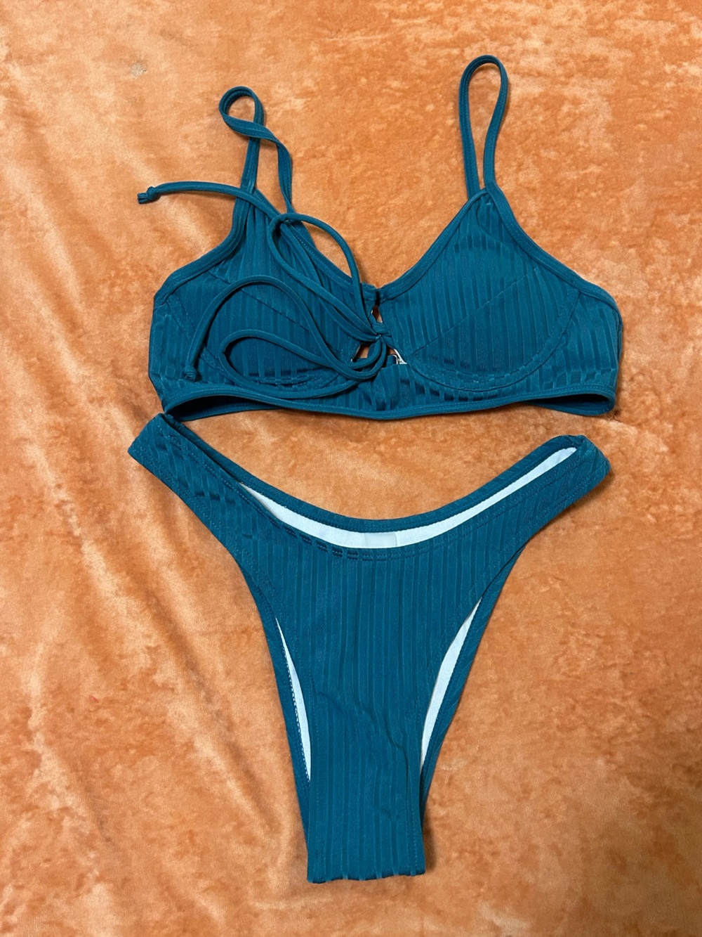 Dark Teal Ribbed Two-Piece Bikini Set - Size XS